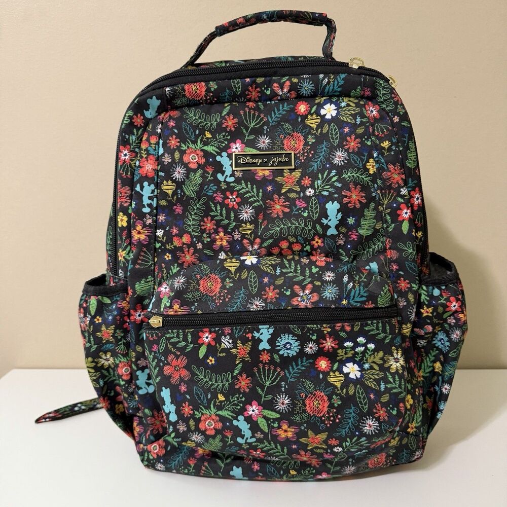 Disney X Jujube Black Floral Mickey Mouse Backpack Missing Pulls -See Photos